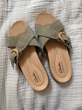 Clarks Olive Green Suede Slide Sandals with Gold Buckle